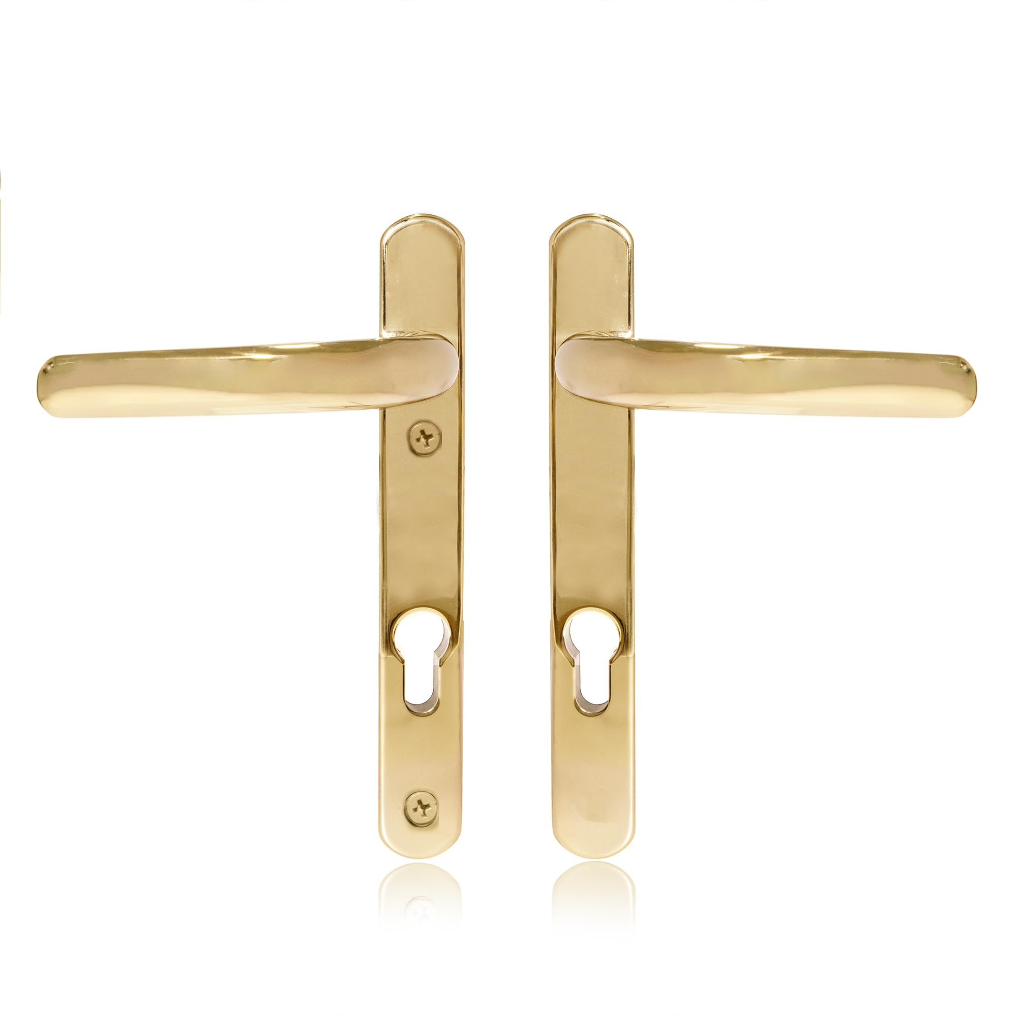 Schlosser Technik Uros Polished Brass Door Handle (PZ 92mm, 122mm Screw Hole Distance, 219mm Overall) Stainless Steel Short Backplate, UPVC Front Door Handle