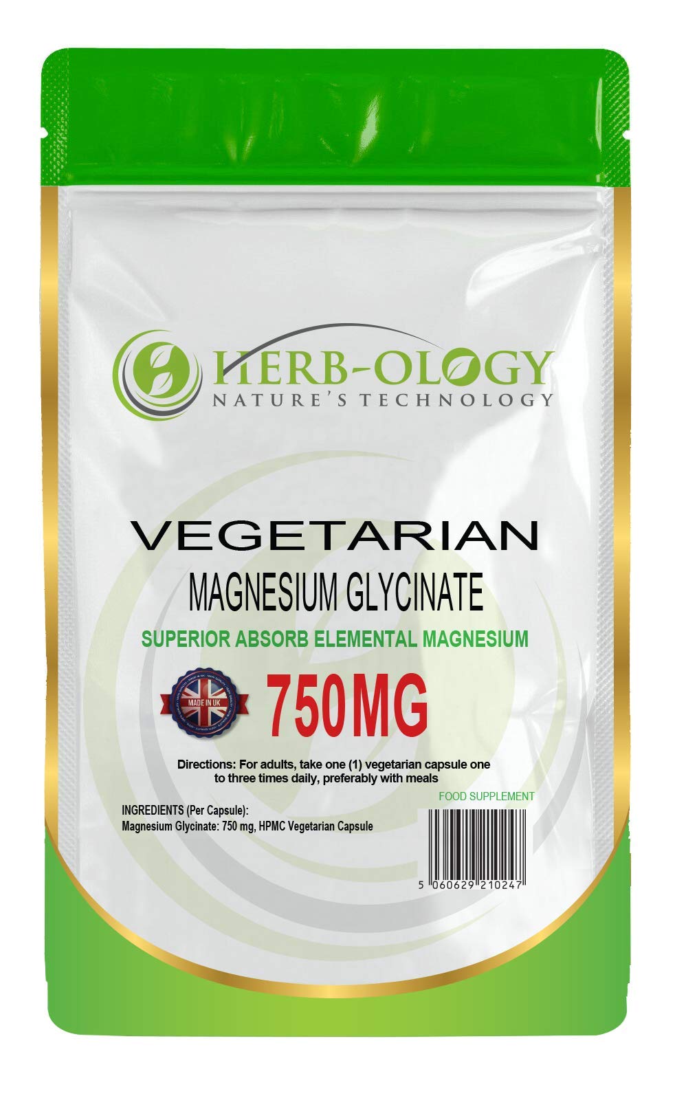 HB Magnesium Glycinate Capsules | 120 Vegan Capsules | Magnesium Bisglycinate Supplements | 750mg per Capsule | Highly Bioavailable, Dairy Free & Manufactured in The UK