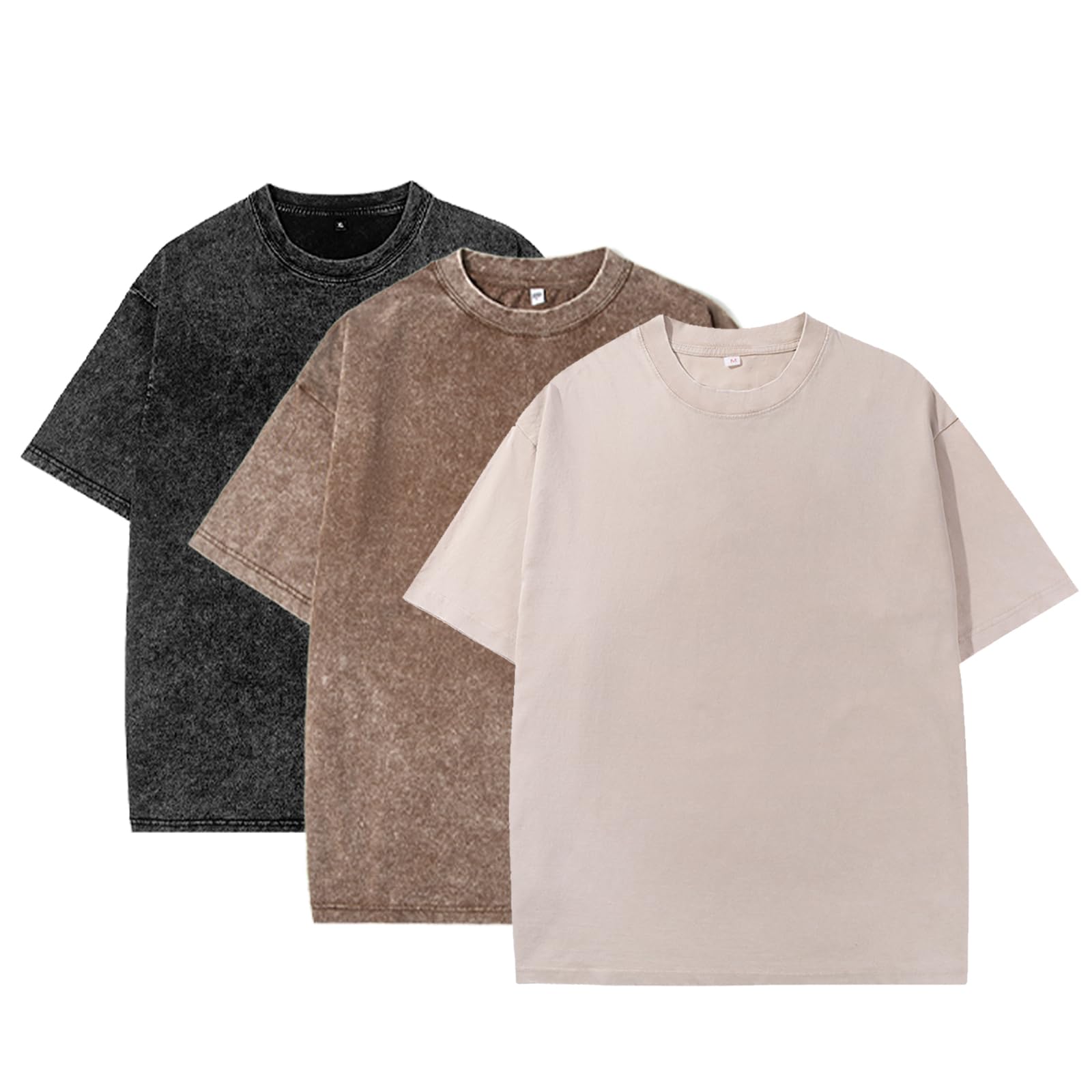 Eadali 3 Pack Men’s Oversized T-Shirts – Washed Cotton Loose Fit Tees, Drop Shoulder Crew Neck, Vintage Baggy Style Streetwear Tops(Black/Brown/Beige,S) Image