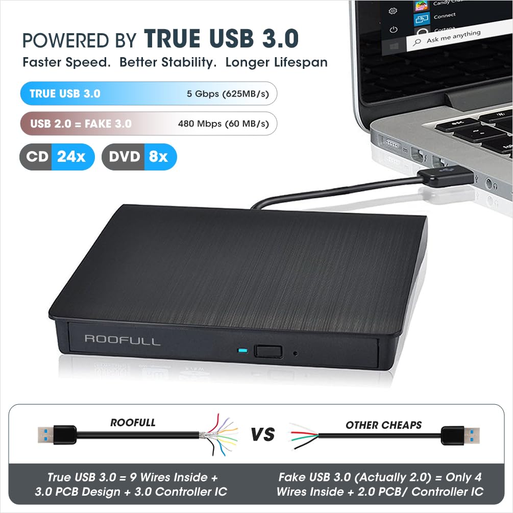 ROOFULL External CD DVD Drive for Laptop with Carrying Case, True USB 3.0 Type-C DVD Player CD Disc Reader Writer Burner Portable for Windows 11/10 Computer Mac MacBook Linux PC, ECD918-SU3