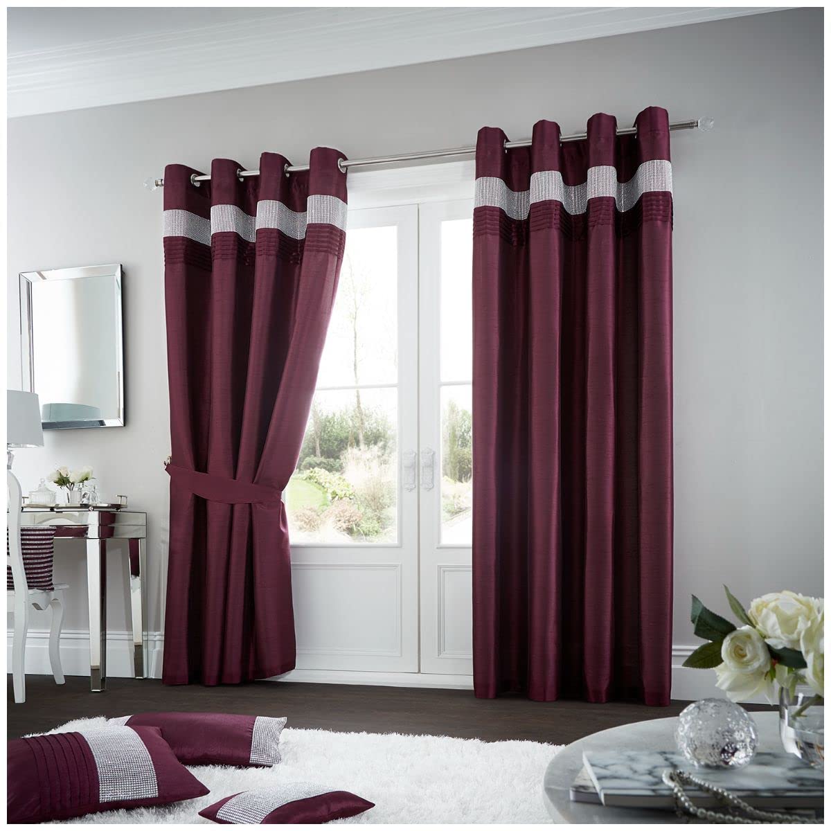 GC GAVENO CAVAILIA Oxy Eyelet Latte, 100% Polyester Luxury Ring Top Drapery with Matching Tie Backs, Easy Care Window Treatment, Aubergine, 66"x90" Curtain