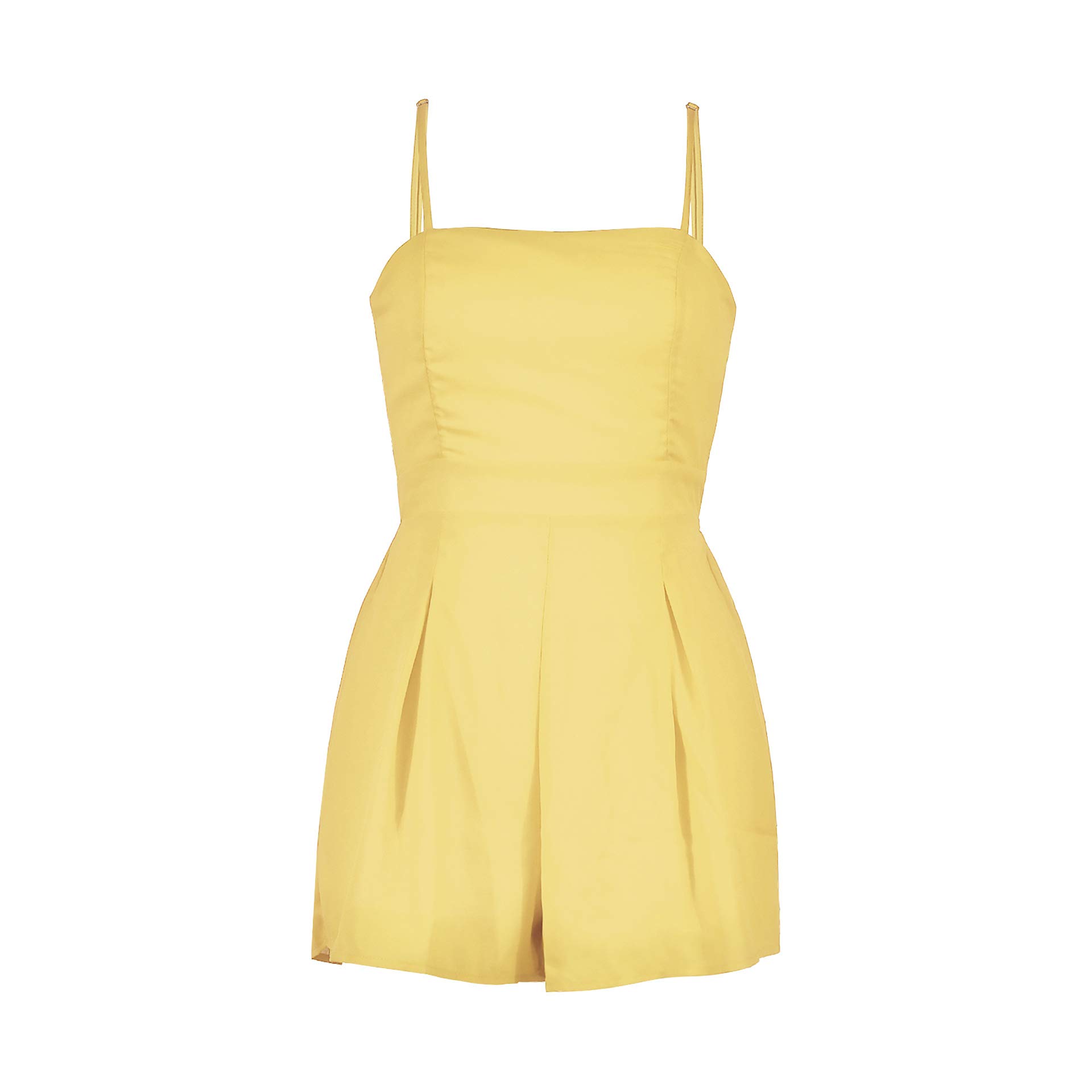 Women\'s Cute Knot Spaghetti Strap Solid Color Chiffon Sleeveless Short Pants Romper Jumpsuit Yellow M