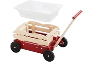 Beright Wooden Wagon for Kids, 2-in-1 Wooden Baby Walker with a Storage Bin, Wooden Cargo Walker Cart with Removable Basket, Sit to Stand Toddler Toy, Red