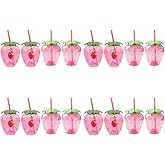 DOITOOL Strawberry Shaped Cups with Lids and Straws 16 Pcs Plastic Strawberry Drinking Tumblers for Girls Portable Milk Tea Cups for Parties and Everyday Use
