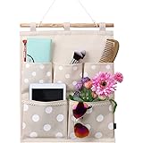 Homecube Linen Cotton Fabric Wall Door Cloth Hanging Storage Bag Case 5 Pocket Home Organizer (White Polka Dots)