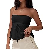 Cioatin Women Strapless Ruffle Peplum Babydoll Tube Tops Y2K Floral Lace Tie Up Bandeau Summer Going Out Sleeveless Tank
