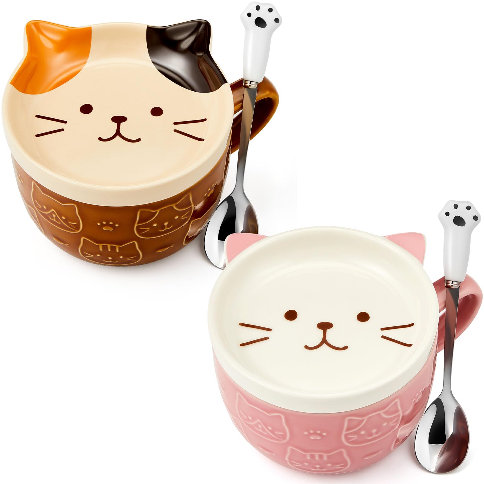 Photo 1 of 2 Pcs 10 oz Ceramic Cute Cat Mug with Lid - Kawaii Cat Tea Cup, Funny Novelty Coffee Cup and Dessert Saucer Set for Women Back to School Birthday Christmas Teacher's Appreciation