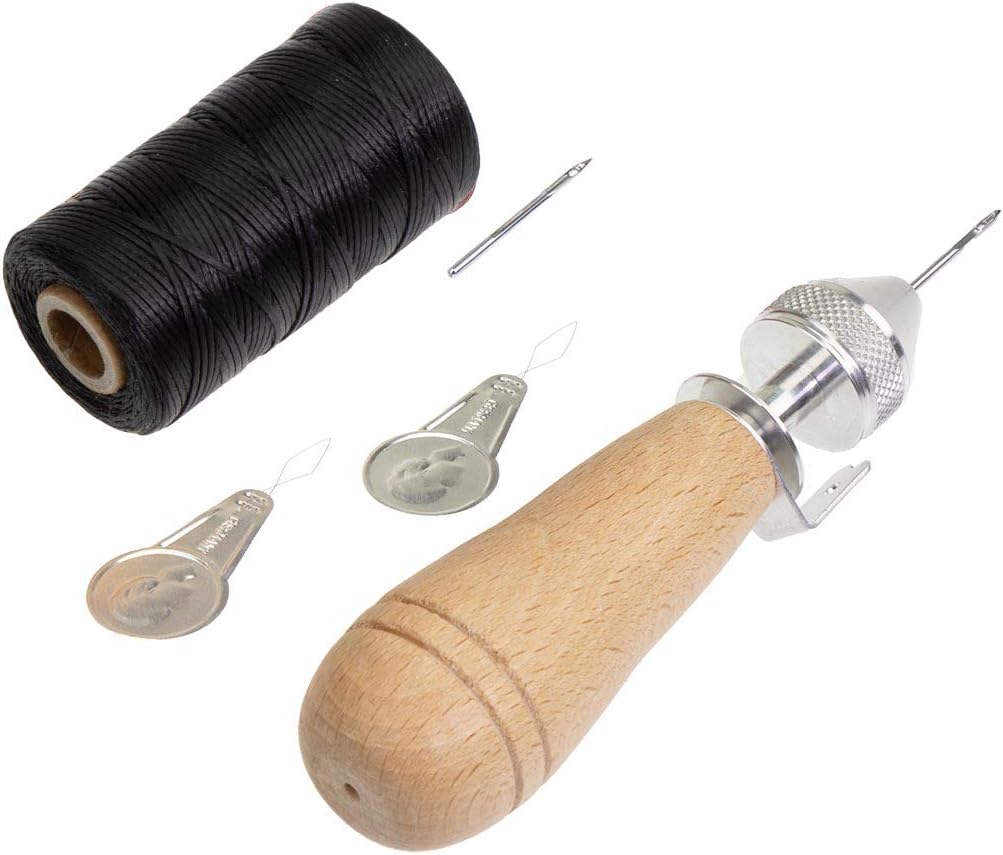Langlauf Schuhbedarf Profi Ledernäh-Set mit Handnähapperat/Nähahle + gewachstem Garn + Einfädler +Ersatznadel (schwarz)