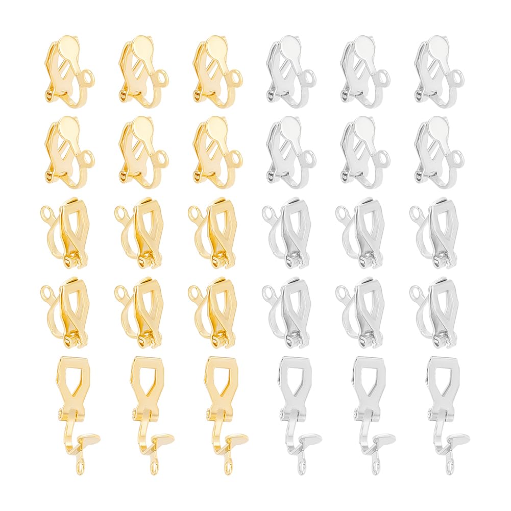 UNICRAFTALE About 32pcs 2 Colors Brass Clip-on Earring Findings Non-Piercing Earring with 1.6mm Loop Metal Clip-On Earring Converters for DIY Earring Making