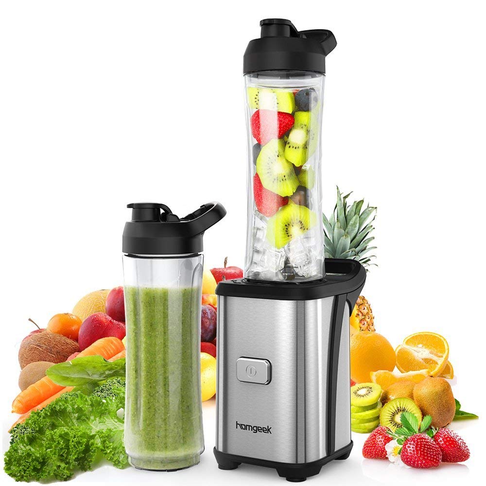 Homgeek Mini Blender 350W, Blender smoothie et Milkshake avec 2 Bouteilles Portables de 600ml