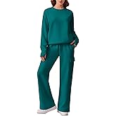 PINSPARK Women's Two Piece Tracksuits Oversized Sweatsuits Loose Lounge Sets Fleece Pullover Sweatshirt Thumbhole Cargo Sweatpants Jogger Pants with Pockets 2024 Fall Travel Outfits, Green Jade Medium