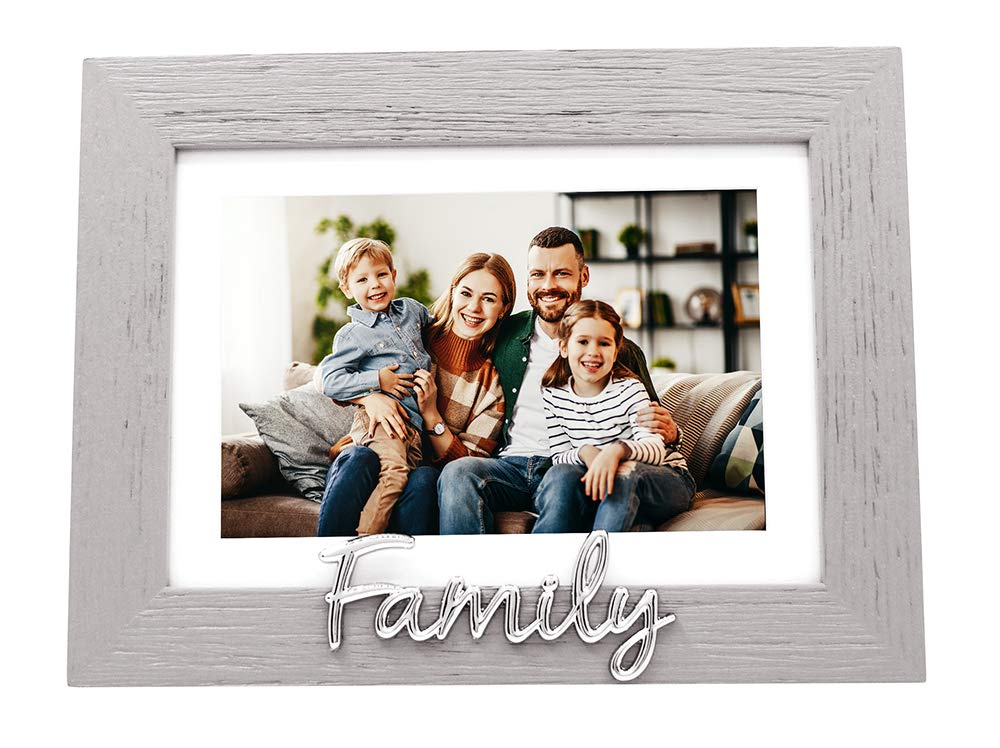 Happy Homewares Grey Woodgrain Effect Family Picture Frame with Silver Letters - 6x4 with White Matt or 7x5