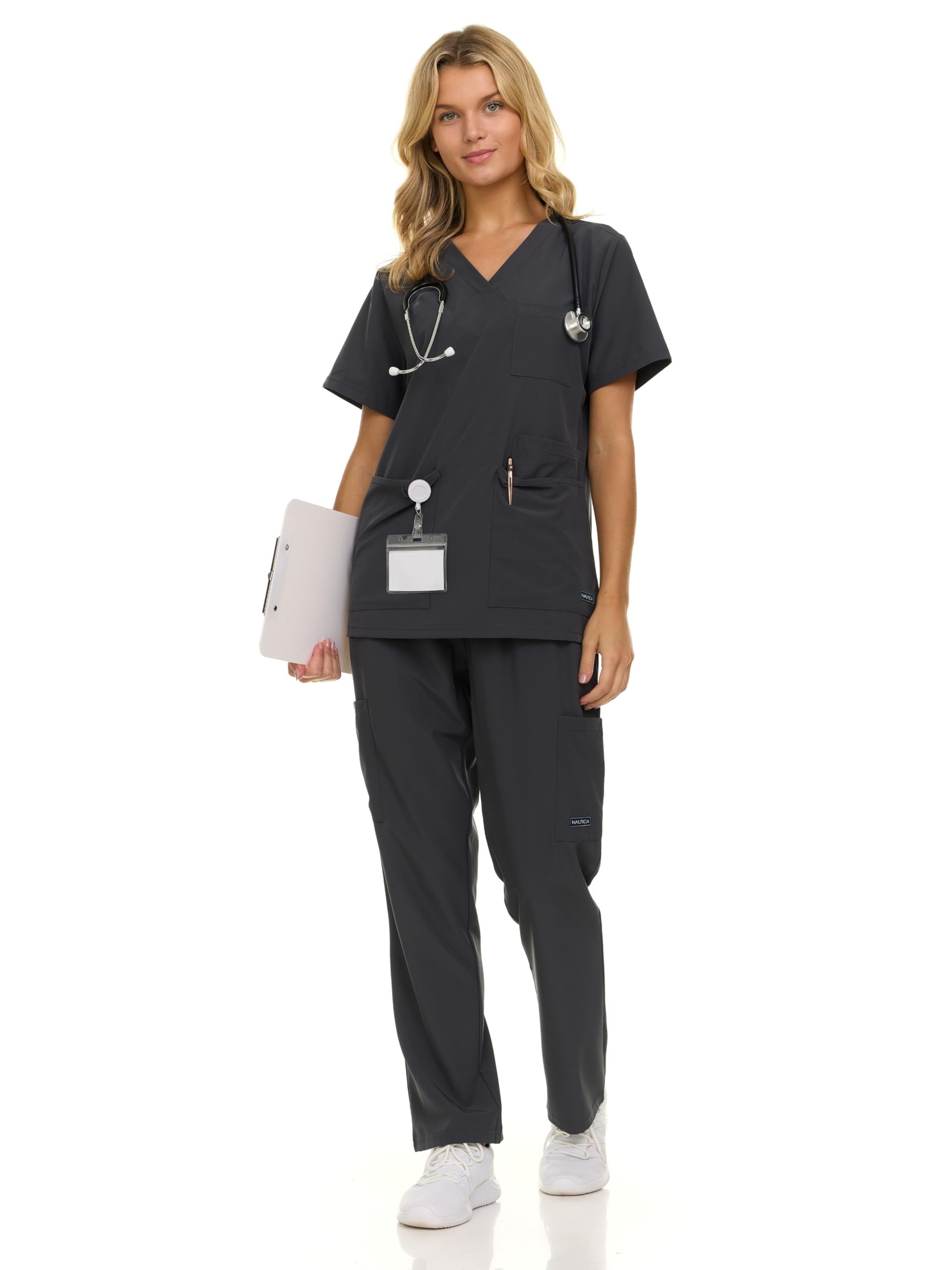 Photo 1 of Nautica Women's Scrub Set, 9-Pocket Breathable & Stretchy Pants & Tops - S