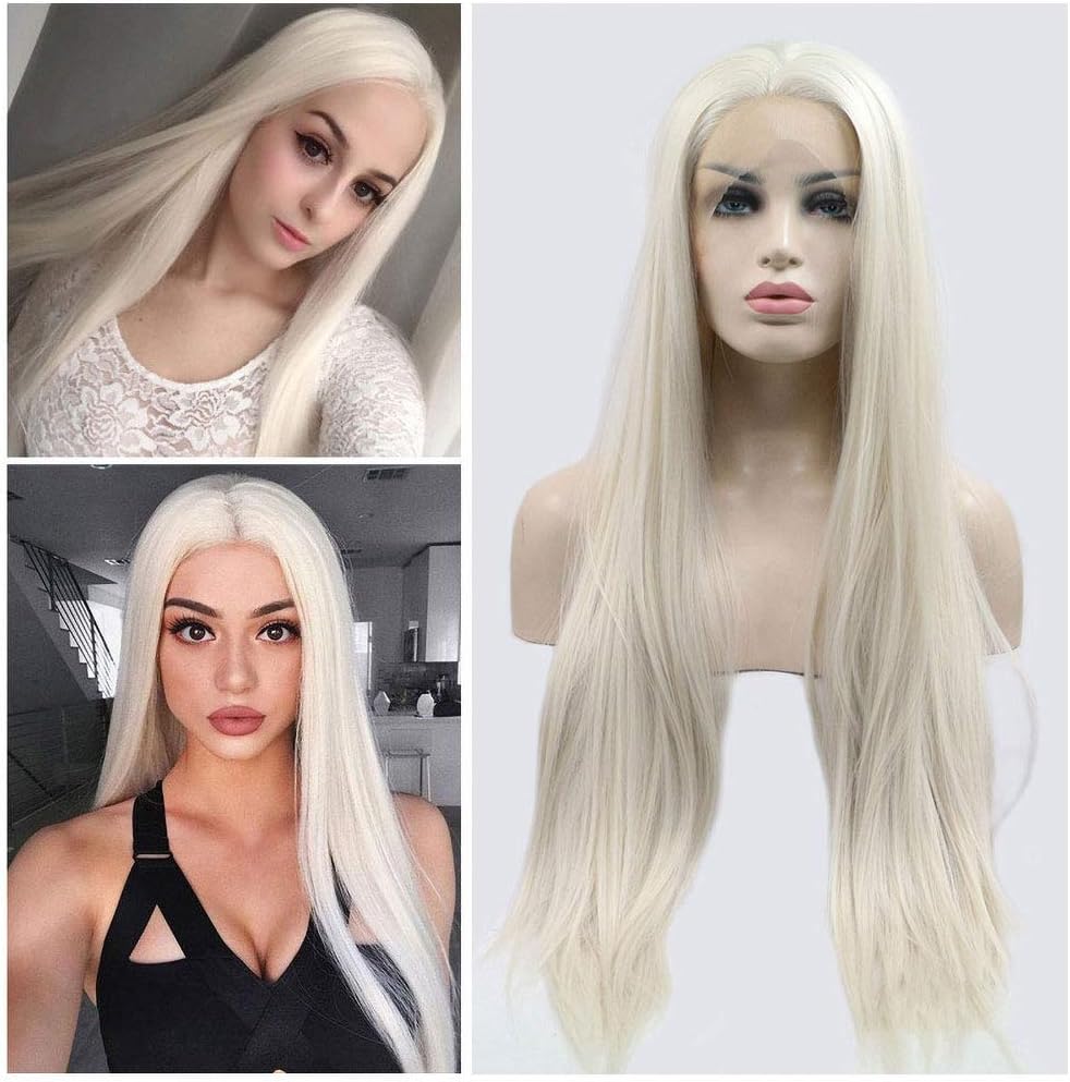 CHUTD Natural Looking Long White Wig Straight Hair Synthetic Lace Front