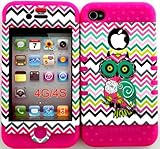 Bumper Case for Apple iphone 4 4G 4S Colorful Chevron Waves with Owl hard plastic snap on over Pink Silicone Gel