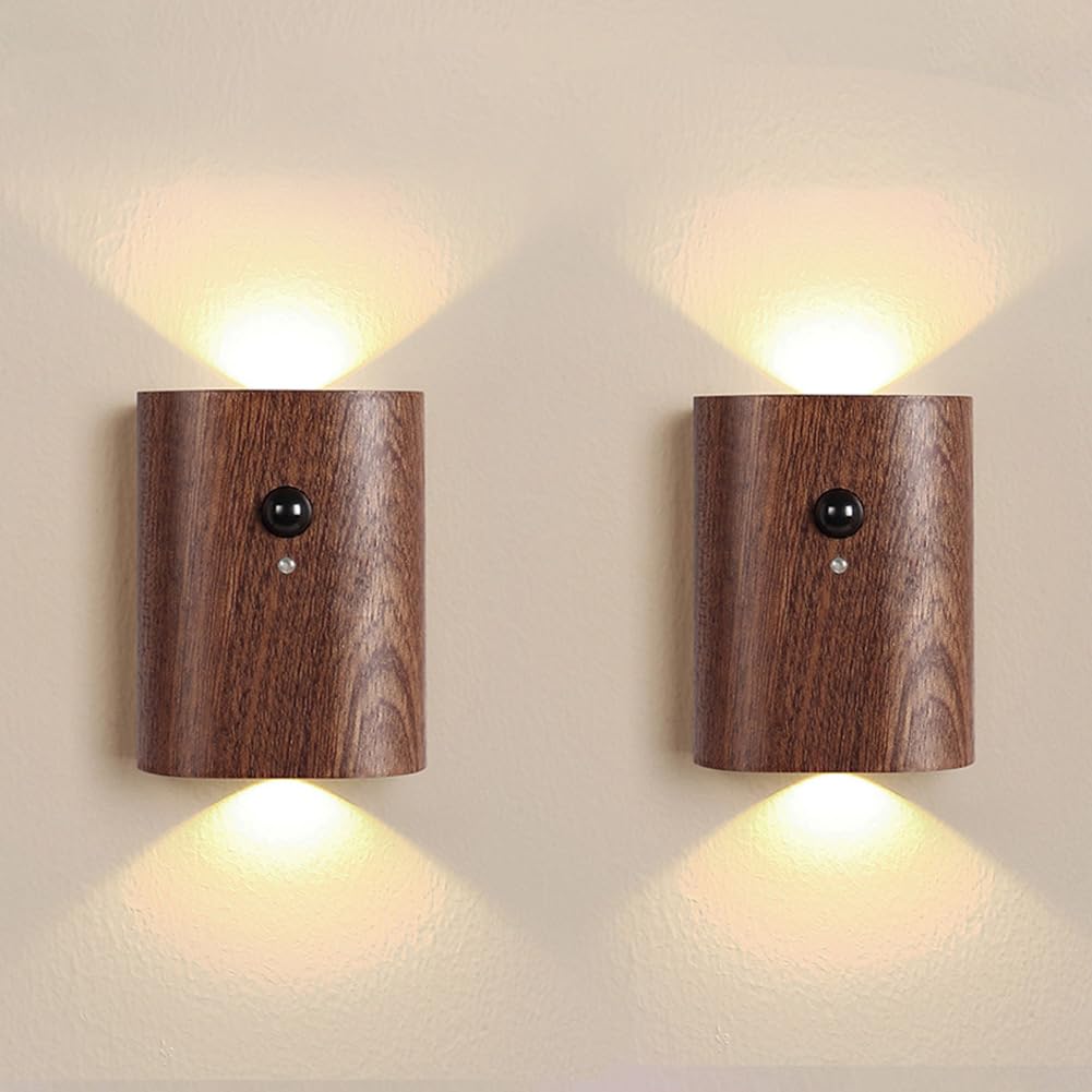 Photo 1 of LANDGOO Smart Night Light Step Lights 2 Pack - Rechargeable Motion Sensor Stair Lights, 2700K Warm White LED, Walnut Wood for Hallway & Bedroom Safety