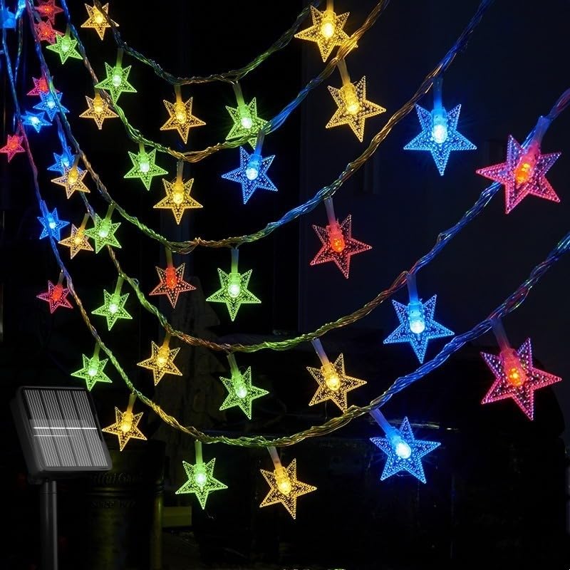 Horing Star Shape Solar String Lights 50 LED - Outdoor Waterproof Fairy Lights for Garden, Fence, Patio, Lawn, Yard & Wedding Decor - Multicolor Solar Powered with Stakes & Mounting Bracket