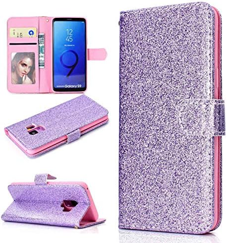 Samsung Galaxy S9 Case Glitter, Shockproof Bling PU Leather Flip Wallet Cases with Kickstand Magnetic Card Holder and ID Slot Slim TPU Bumper Protective Skin Phone Cover for Samsung Galaxy S9 Purple