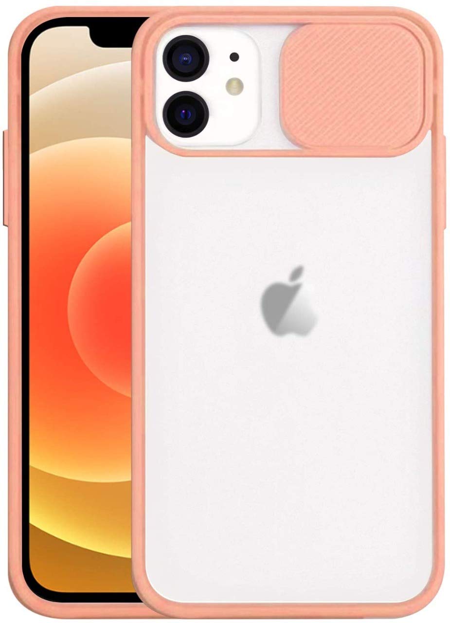 AtoZ Frosted Case Compatible with iPhone 12/12 Pro Case with Slide Camera Lens Protection Cover, Translucent Silicone Slim Cover (PEACH)