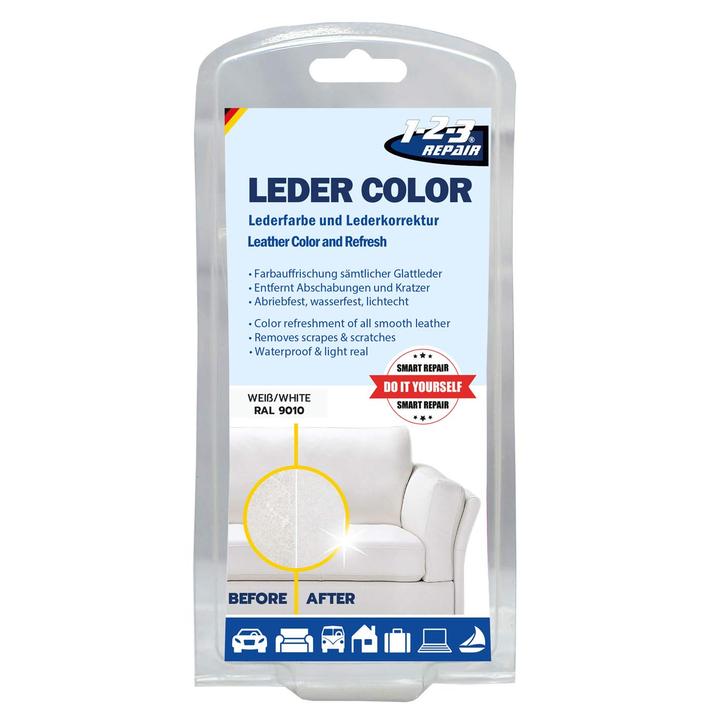 123Repair Leather Colour with Sponge and Brush, Removes Scratches, Abrasions and Wear on Leather and Faux Leather, 57ml White