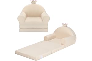 MONKISS Princess Toddler Chairs Comfy, 2-in-1 Fold Out Kids Sofa Bed, Cozy Toddler Couch, Baby Lounge Chair, Soft Mini Couch for Kids, 1-4 Years Old, SF05, Beige Crown
