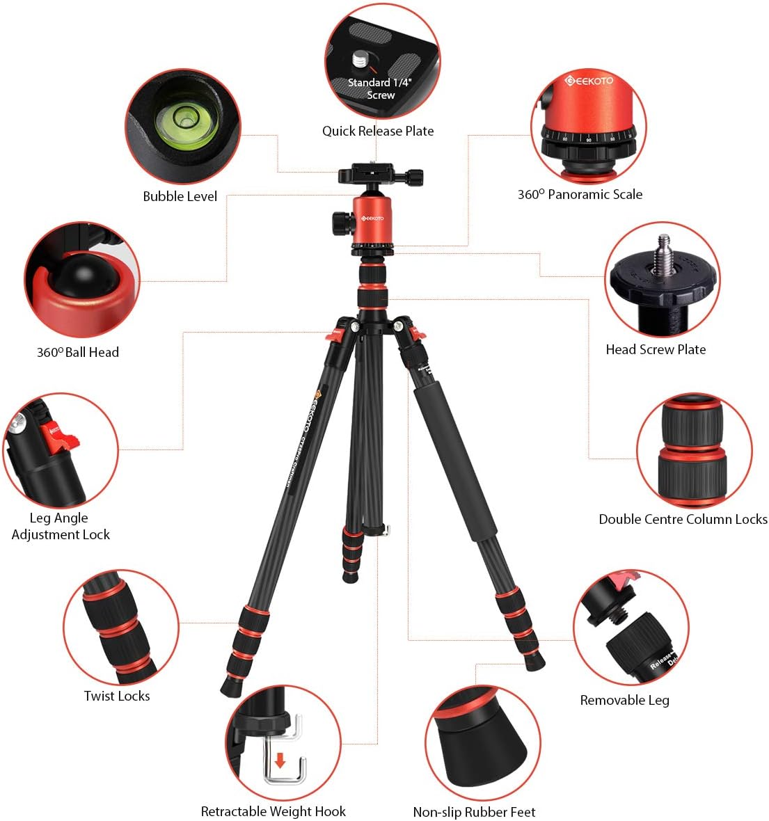 GEEKOTO 79 inches Carbon Fiber Camera Tripod Monopod with 360 Degree Ball Head 1/4 inch Quick Shoe Plate Professional Tripod Load up to 26.5 pounds : Camera & Photo