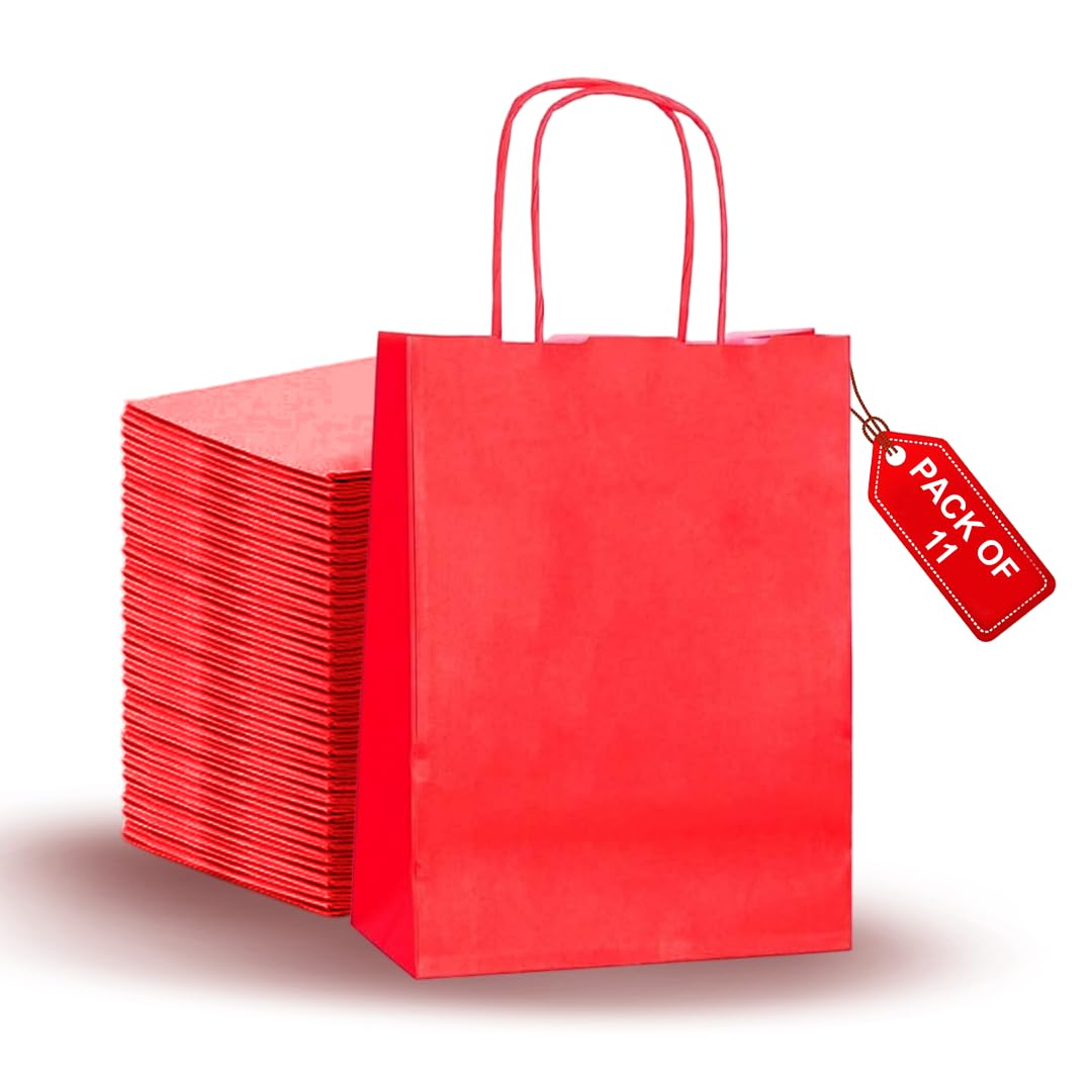 SMALL 11 Pcs Paper party bags for kids party - Gift carrier with twisted handles - Red gift bag Perfect for Thanksgiving, Anniversary, Kids Birthday, Weddings, Baby Showers (31×21×11 CM)