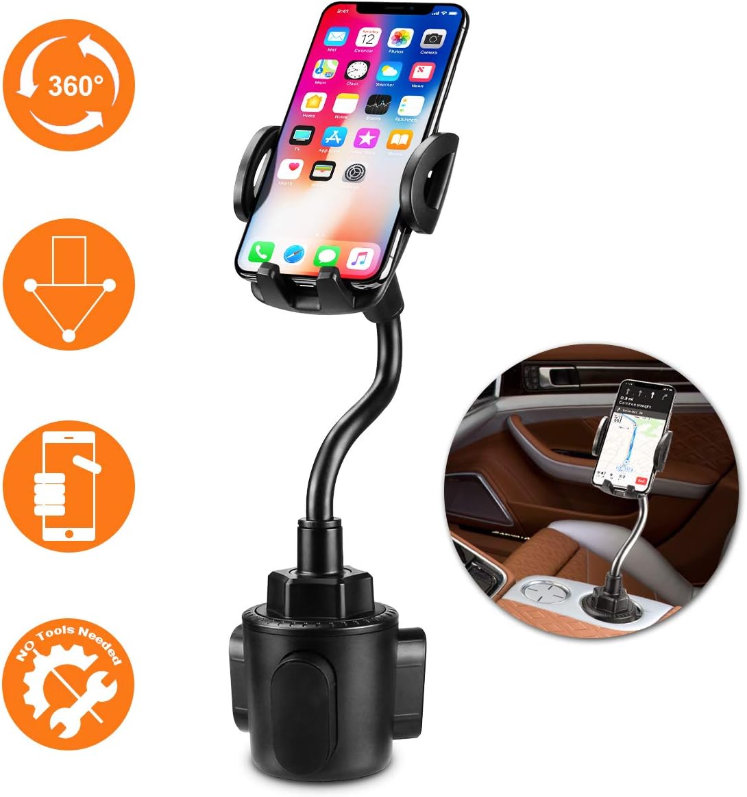 Car Cup Holder Phone Mount, KKTICK Universal Adjustable Gooseneck Cup Holder 360° Rotatable Smart Phone Cradle Car Mount for iPhone 11 Pro/XS/XR/X/8/7 Plus/6s, Galaxy S10/S9/S8/S7 Edge, Note 10/9/8