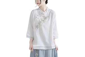 CAOQAO Vintage Floral Embroidery Cotton Linen Tops for Women Chinese Frog Button 3/4 Sleeve Loose Casual Blouses Shirts