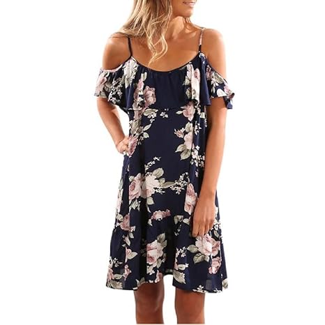 OVERDOSE Damen Sommerkleid Blumen-Rüsche Kleid Helter Kleider Weg vom Schulter Minikleid Strand Partei Kleid