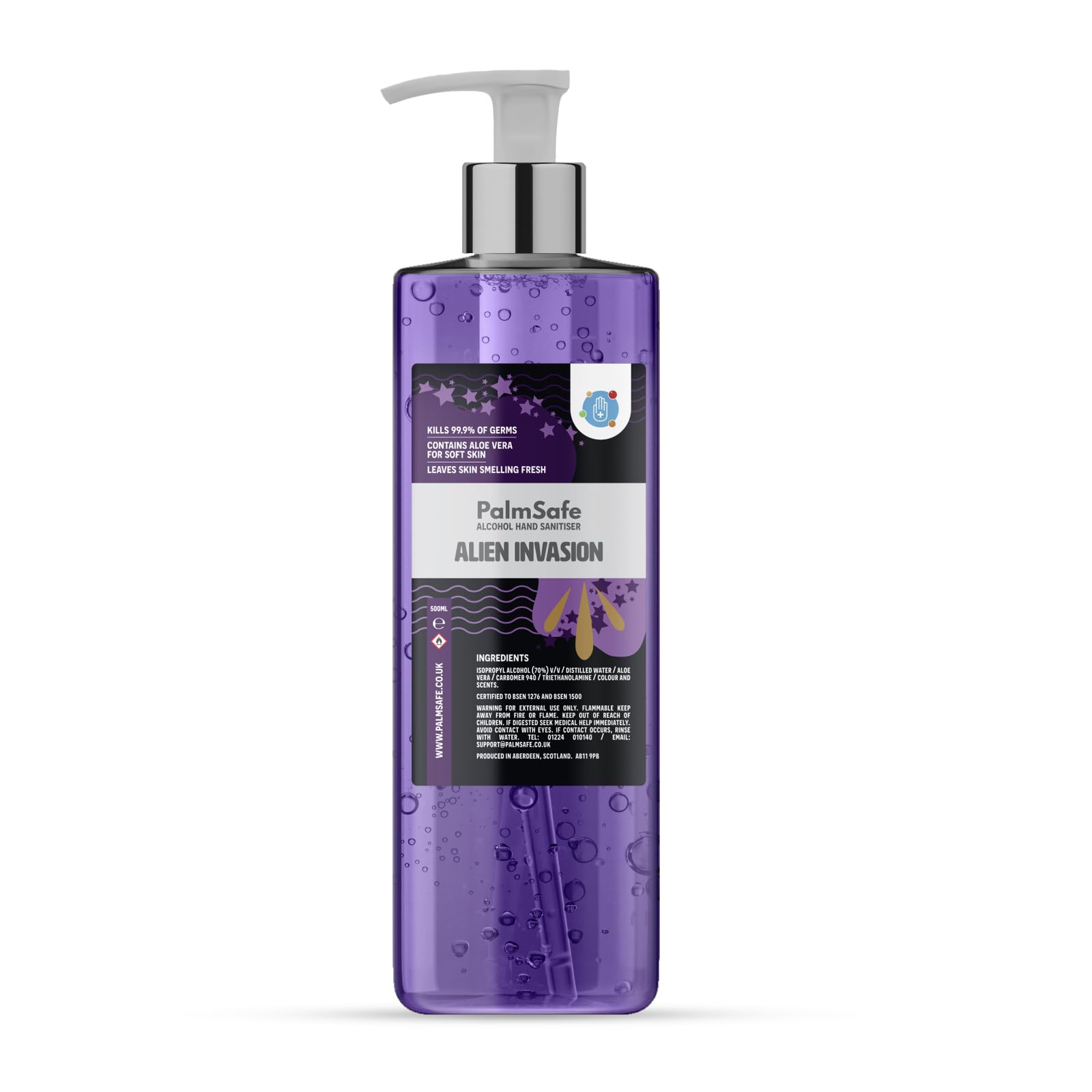 Palm Safe Alien Invasion 500ml Anti Bacterial Premium Hand Sanitiser Pump Bottle Quick Drying Non Sticky Extra Moisturising Kills 99.9% of Viruses and Bacteria