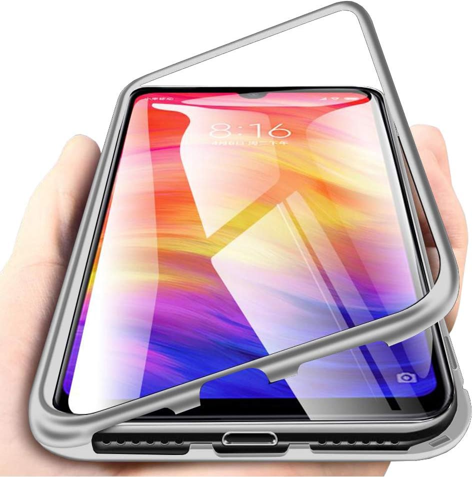 EabHulie Redmi Note 7 Pro Case, Hybrid 2 in 1 Transparent Tempered Glass Hard Back Metal Bumper Magnetic Adsorption Case Cover for Xiaomi Redmi Note 7 Pro Silver
