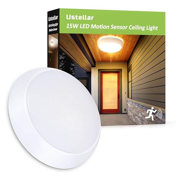 Ustellar 15W LED Deckenleuchte mit Bewegungsmelder, Wasserfest Deckenlampe Ersetzt 120W Glühlampe, 1200LM 3000K Ø26cm Sensor 