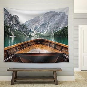 Boat Cruising a Mountain Lake - Fabric Wall Tapestry Home Decor - 51x60 inches