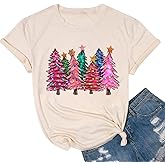 Christmas Shirts Women Merry Christmas Tree Printed T-Shirts Short Sleeve Holiday Tee Xmas Gift Tops
