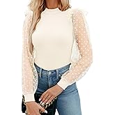 WAYMAKER Women's Mock Turtle Neck Polka Dot Sheer Mesh Puff Long Sleeve Bodysuit Blouses Tops Shirts