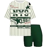 WDIRARA Girl's 2 Piece Outfits Striped Letter Graphic Short Sleeve Tee Biker Shorts Set