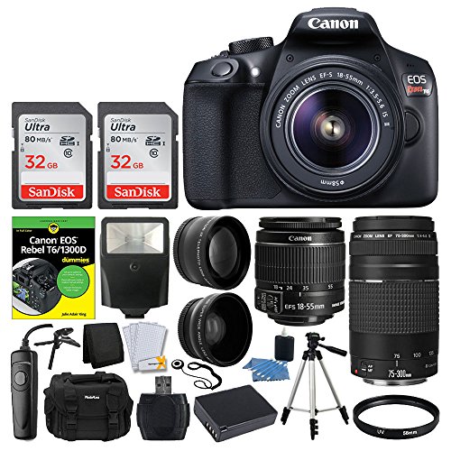 Canon EOS Rebel DSLR T6 Camera Body + Canon 18-55mm EF-S IS II Autofocus Lens + Canon Zoom EF 75-300mm III Autofocus Lens + 64GB Memory Card + T6/1300D for Dummies + Photo4Less Gadget Bag â€“ Top Bundle