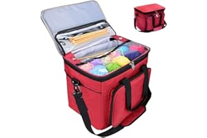 FINECE Knitting Bag, Crochet Organizer Bag with Cover and Inner Dividers, High Capacity Yarn Tote Organizer for Knitting Accessories, Needles, Yarn Skeins, Hooks, Unfinished Project (Red)