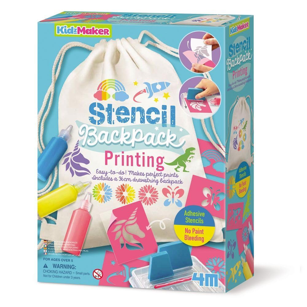4M KidzMaker Stencil Backpack Printing Kit | Creative Fabric Painting Craft Set with Neon Paints | Fun Art Activity for Children | Personalised Drawstring Bag Gift for Kids Aged 5+ | Screen-Free Play