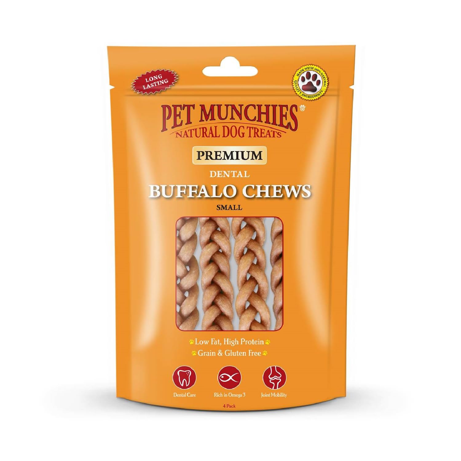 Pet Munchies Small Buffalo Dental Chews, Healthy, Natural and Long-Lasting Dog Treats, Grain Free and Low in Fat 55g (4 Chews)