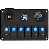 DaierTek 6 Gang Marine Rocker Switch Panel Waterproof 12 Volt, Boat Toggle Switch Panel 12V Blue LED Lighted for Boat Car RV UTV with USB Cigarette Lighter Socket Voltmeter