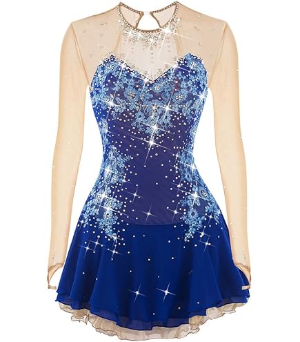 Handmade Figure Skating Dress For Girls & Women - Long Sleeve Competition Costume, Spandex With Shiny Diamonds, Custom Fit For Ice/Roller Skating