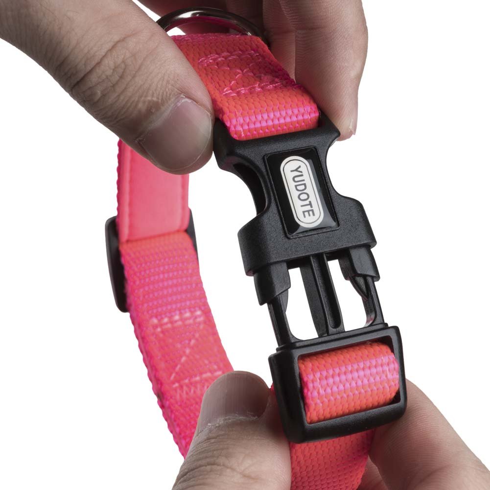 YUDOTE Adjustable Nylon Dog Collar with Soft Neoprene Padding for Puppies Small Sized Dogs Neck 25-38cm Neon Pink