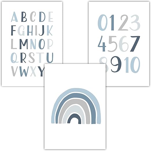 Frechdax 3er Set Kinderzimmer Poster Babyzimmer Din A4 Ohne Bilderrahmen Madchen Junge Kinderposter Bilder 3er Set Blau Alphabet Regenbogen Amazon De Kuche Haushalt