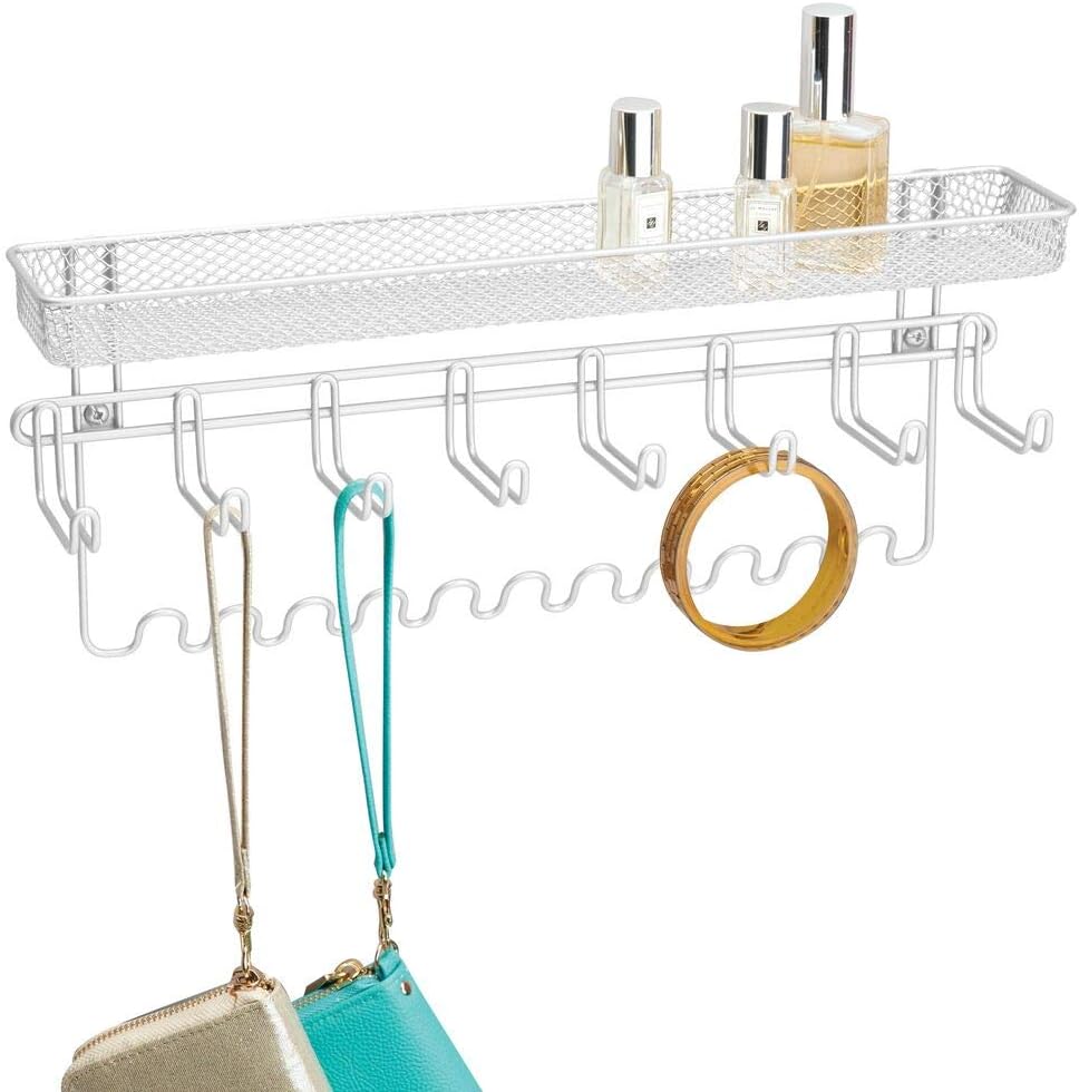 mDesign Decorative Metal Closet Wall Mount Jewelry Accessory Organizer for Storage of Necklaces, Bracelets, Rings, Earrings, Sunglasses, Wallets - 8 Large /11 Small Hooks, 1 Basket - White: Home & Kitchen