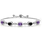 Gem Stone King 925 Sterling Silver Purple Amethyst and Black Sapphire and Lab Grown Diamond Bracelet For Women | 4.85 Cttw | Gemstone February Birthstone | Oval 7X5MM | Fully Adjustable 9 Inch