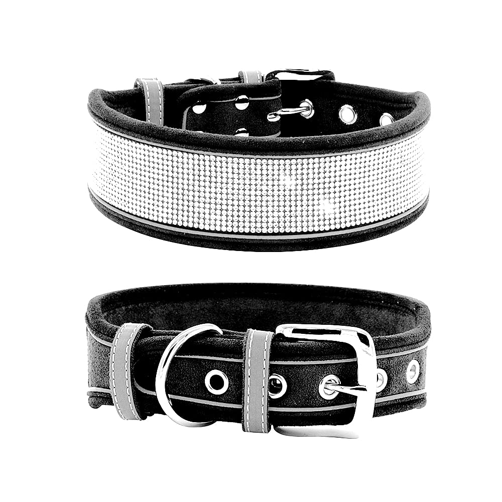 haoyueer Rhinestone Dog Collar, Dazzling Sparkling Soft Suede Reflective Large Dog Collar Crystal Diamond Collar for Medium & Large Dogs (S:12-15", Black)