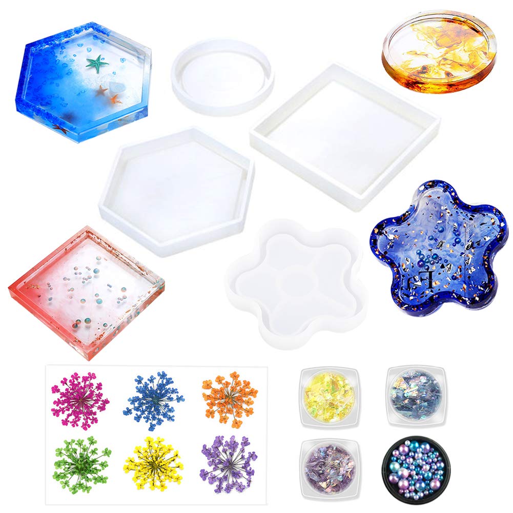 Jatidne Resin Molds Coaster Silicone Molds for Resin Epoxy Casting Molds 4 Pieces Shapes with Flowers and Beads DIY Craft Making