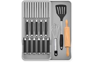 Mulikeer Expandable Drawer Knife Insert Organizer - Plastic Knife Storage Tray for Kitchen Drawers, Adjustable to Fit 11 Kniv